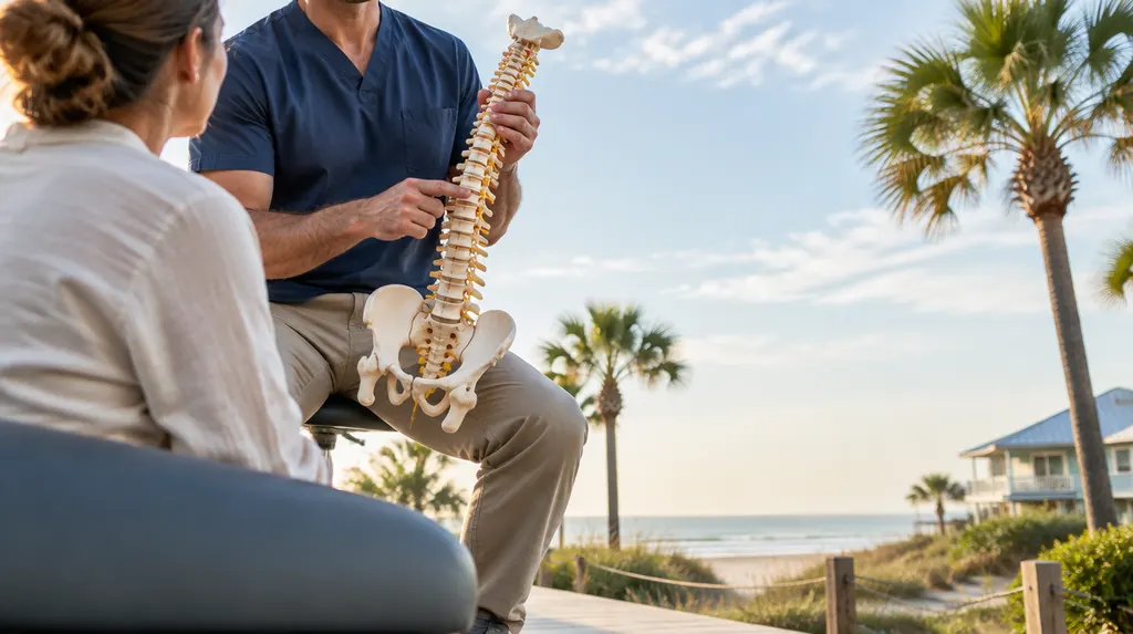 A chiropractor discussing a spine model in Myrtle Beach, SC