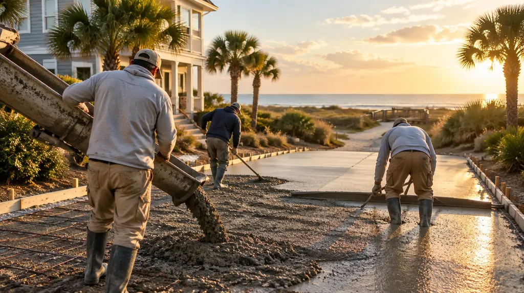 A crew pouring and screeding a new concrete driveway in Myrtle Beach, SC