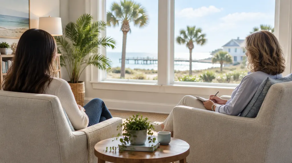 A calm, softly lit counseling room with two armchairs in Myrtle Beach, SC
