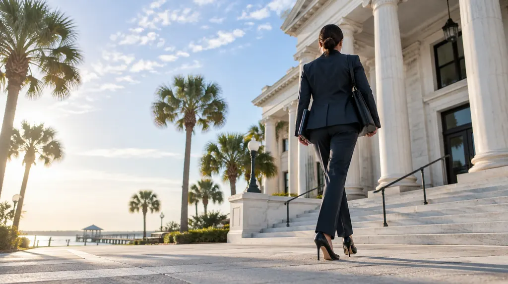 An attorney walking outside a courthouse-style building in Myrtle Beach, SC