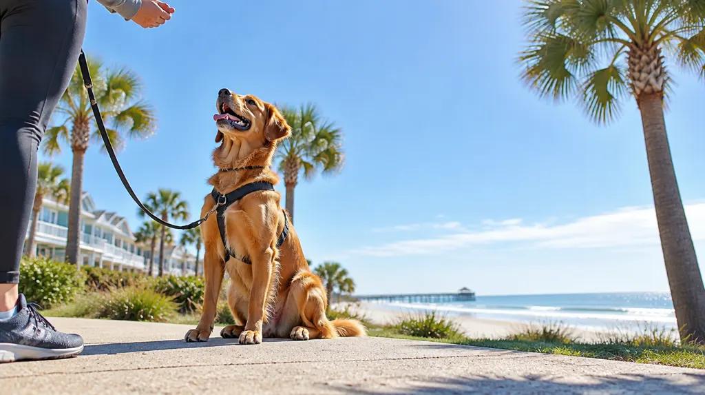 A happy dog sitting during a training session in Myrtle Beach, SC