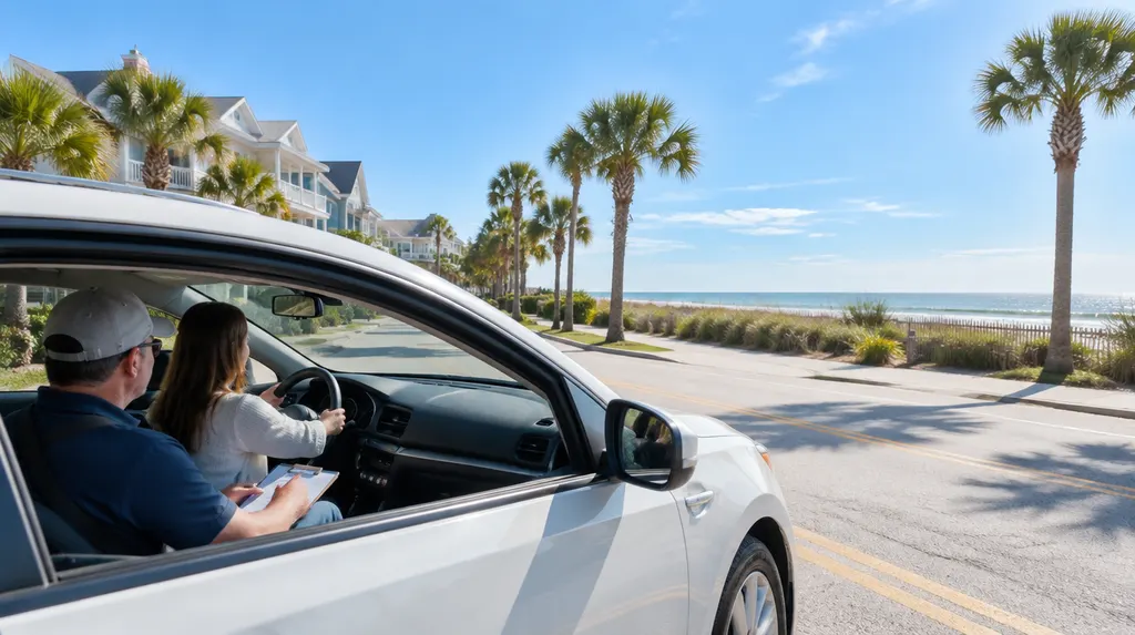 A driving instructor in the passenger seat of a training car in Myrtle Beach, SC
