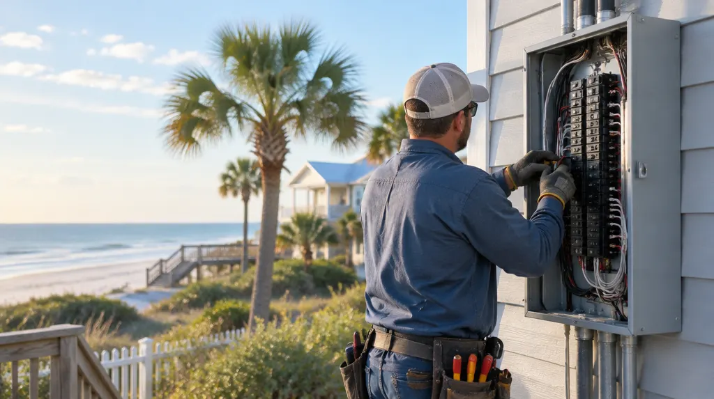 An electrician working on an open breaker panel in Myrtle Beach, SC