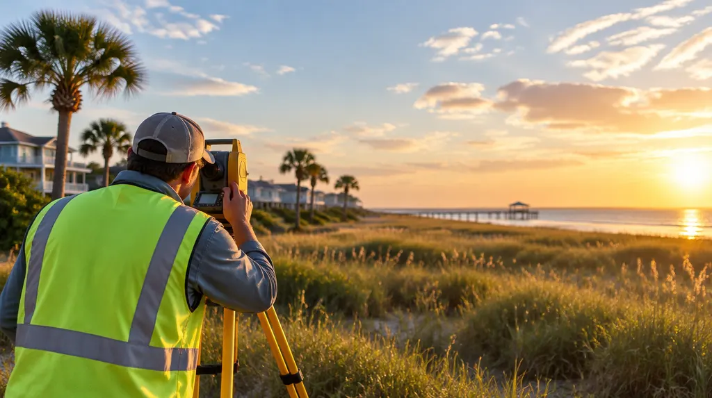 A surveyor with a tripod instrument in a field in Myrtle Beach, SC