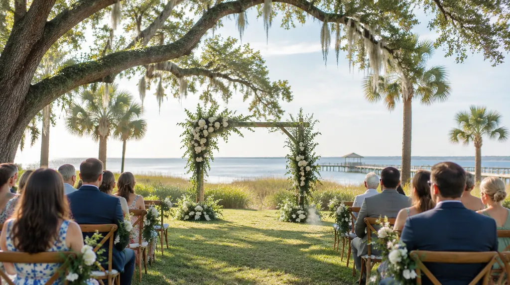 An outdoor ceremony setup under oak trees in Myrtle Beach, SC