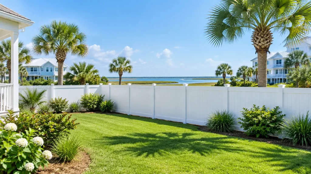 A white vinyl fence around a green backyard in Myrtle Beach, SC