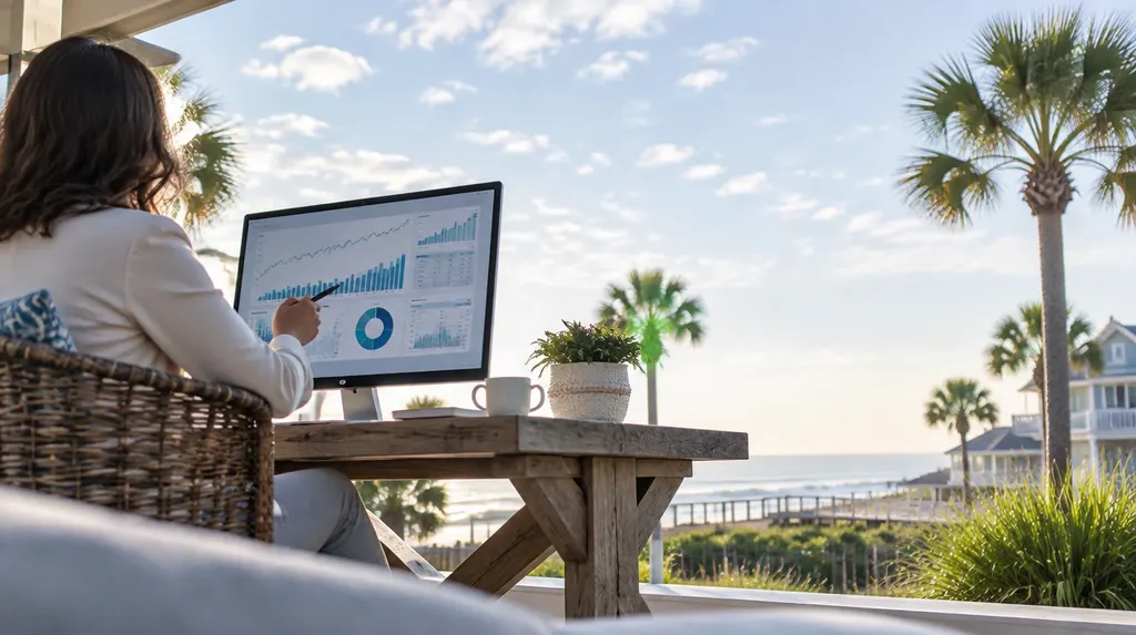 An advisor reviewing charts on a monitor in Myrtle Beach, SC