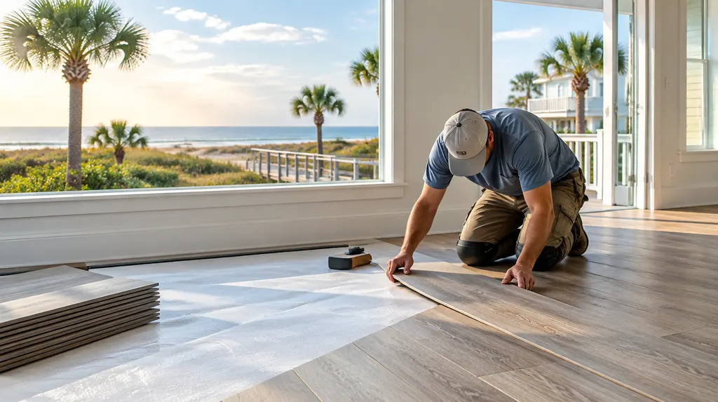 An installer laying luxury vinyl plank flooring in Myrtle Beach, SC