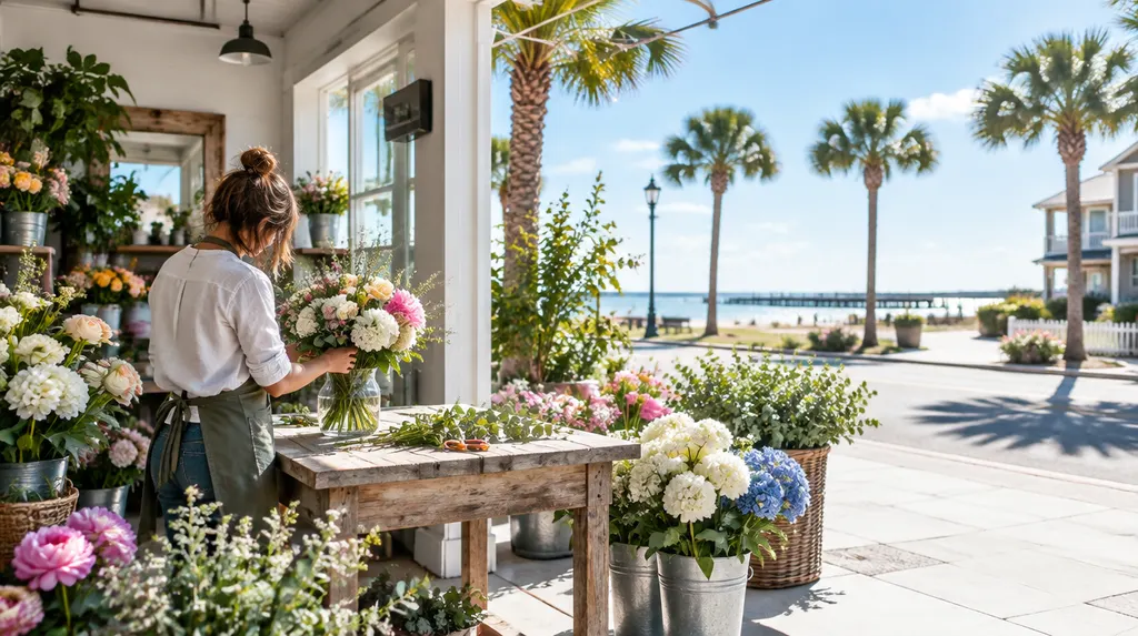 A florist arranging a bouquet in a flower shop in Myrtle Beach, SC