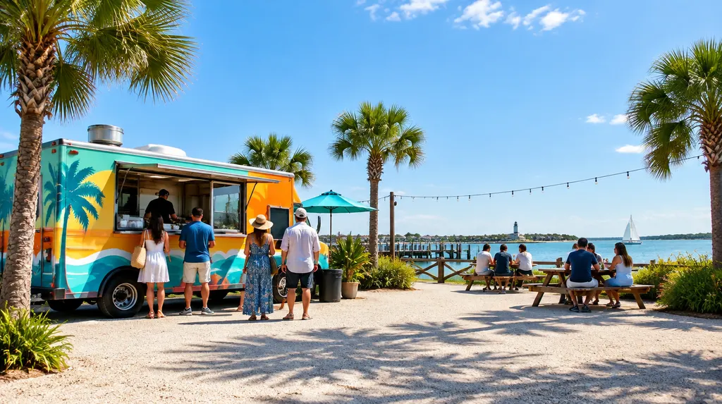 A colorful food truck serving at an evening event in Myrtle Beach, SC