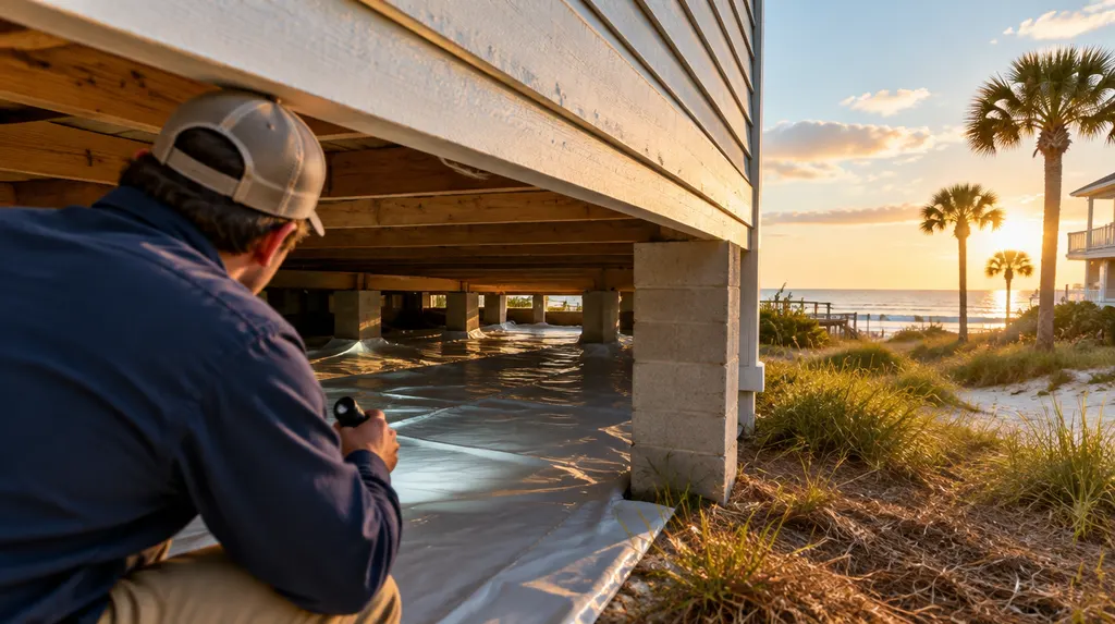 A technician inspecting a crawl space with a vapor barrier in Myrtle Beach, SC