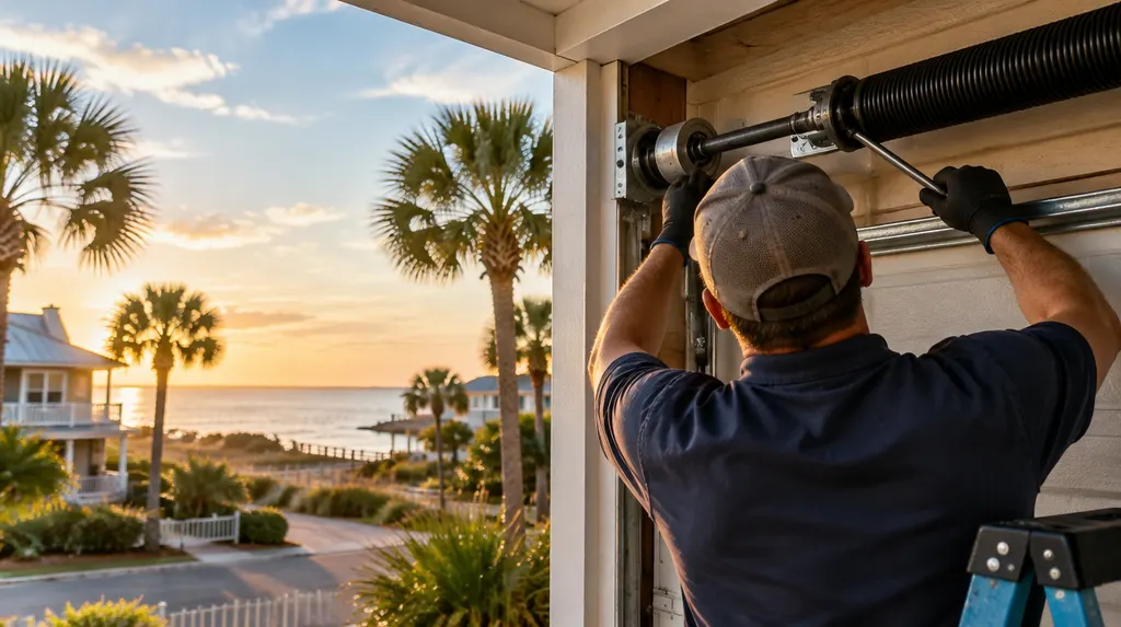 A technician replacing a torsion spring above a garage door in Myrtle Beach, SC