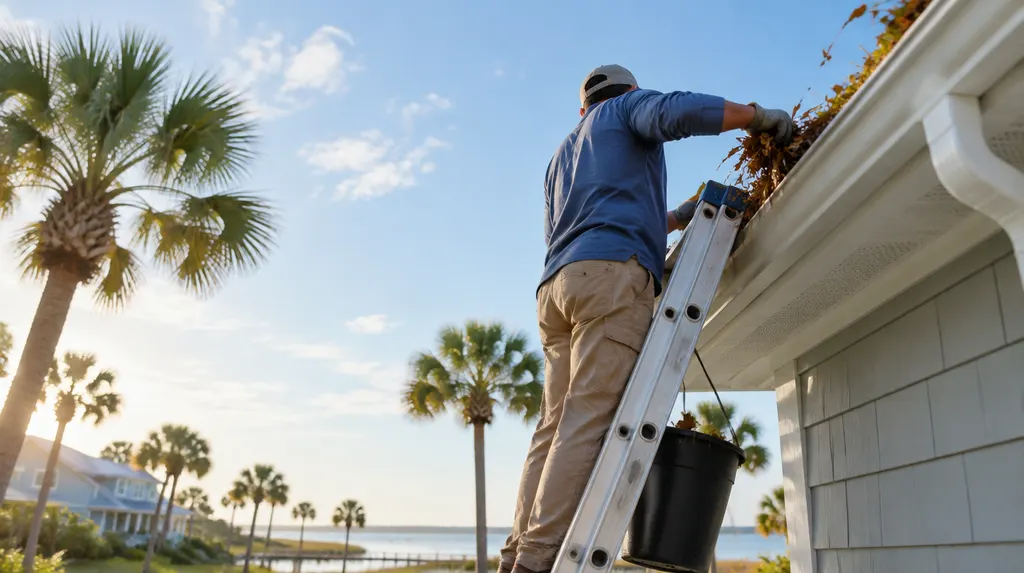 A worker cleaning leaves out of a gutter from a ladder in Myrtle Beach, SC