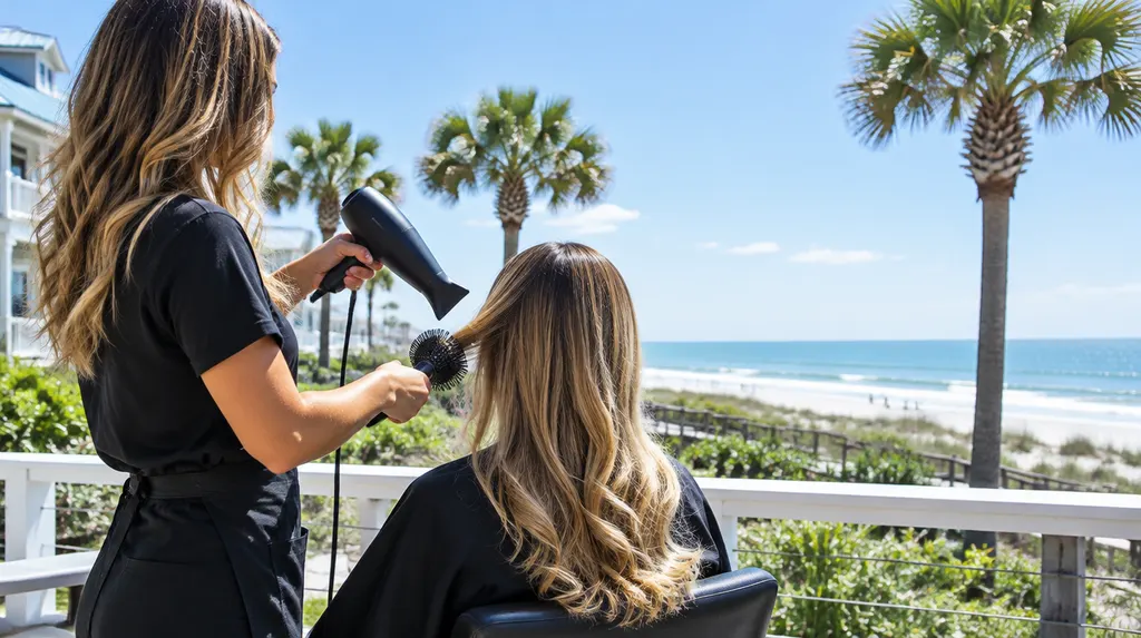 A stylist blow-drying a client’s hair in Myrtle Beach, SC