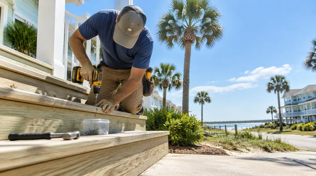 A handyman repairing a wooden porch step in Myrtle Beach, SC
