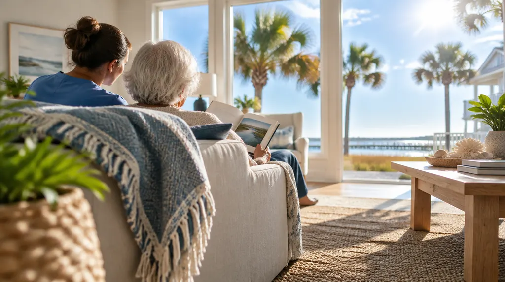 A warm living room with a caregiver and a senior reading together in Myrtle Beach, SC
