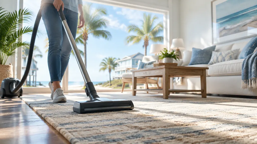 A cleaner vacuuming a sunny living room in Myrtle Beach, SC