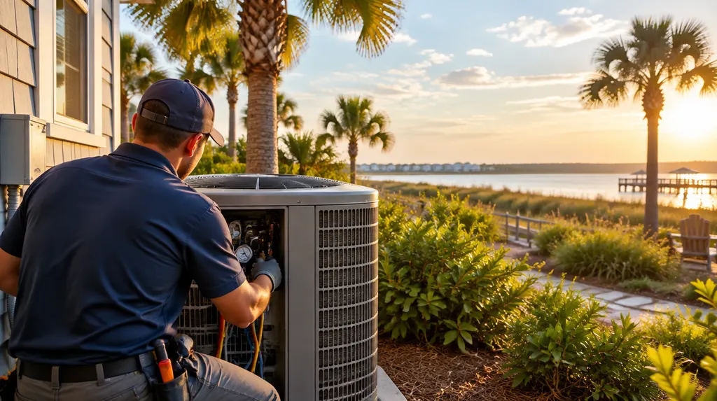 An HVAC technician servicing an outdoor condenser beside a house in Myrtle Beach, SC