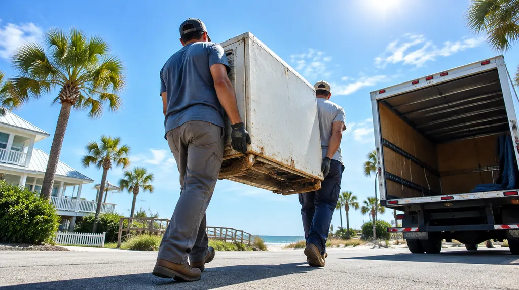 Workers carrying an old appliance to a truck in Myrtle Beach, SC