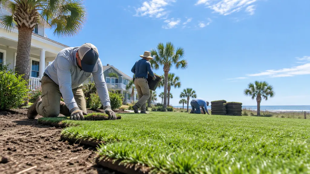 A crew laying fresh sod in a front yard in Myrtle Beach, SC