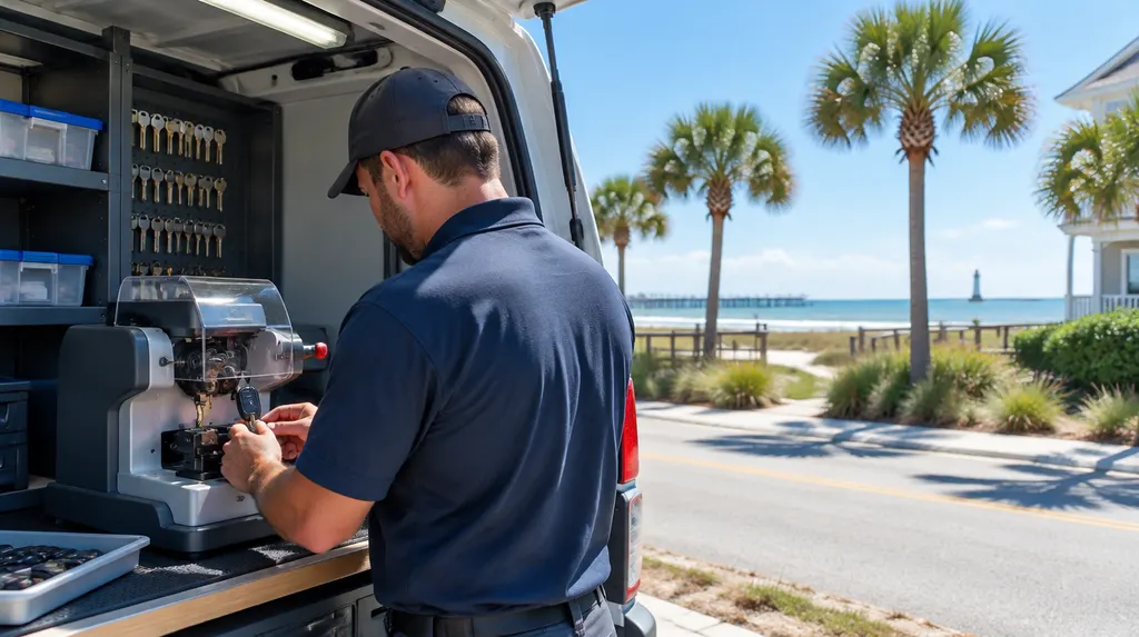 A locksmith cutting a new car key at a key machine in a work van in Myrtle Beach, SC