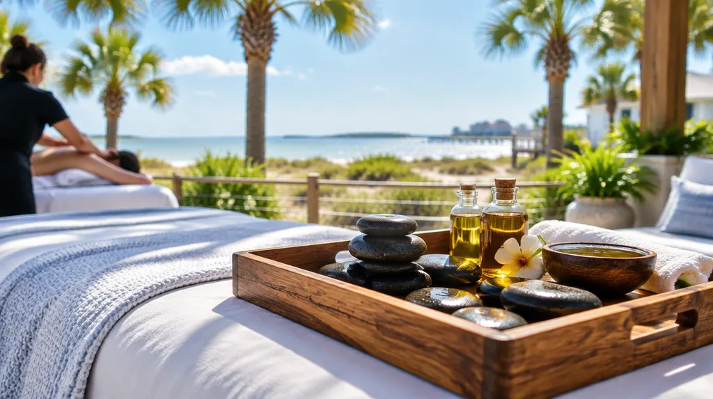Warm stones and oils on a wooden tray in a spa in Myrtle Beach, SC