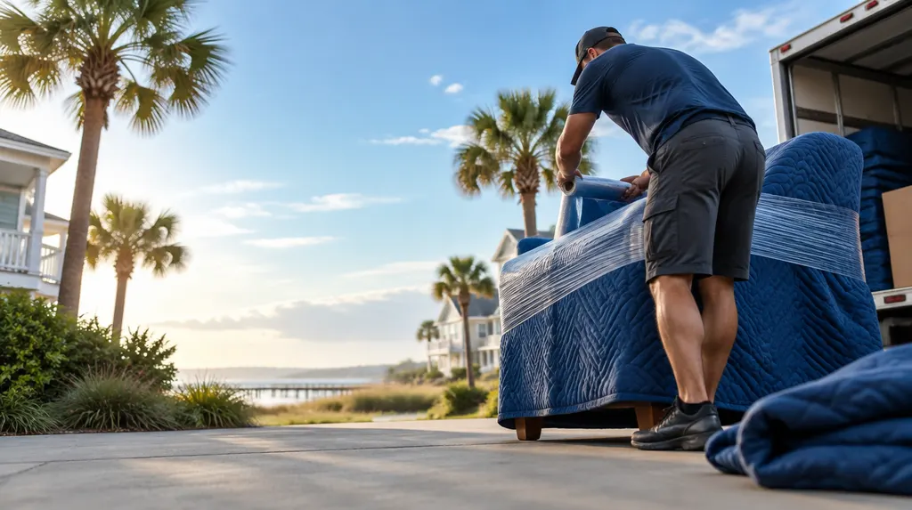 A mover wrapping furniture in moving blankets in Myrtle Beach, SC