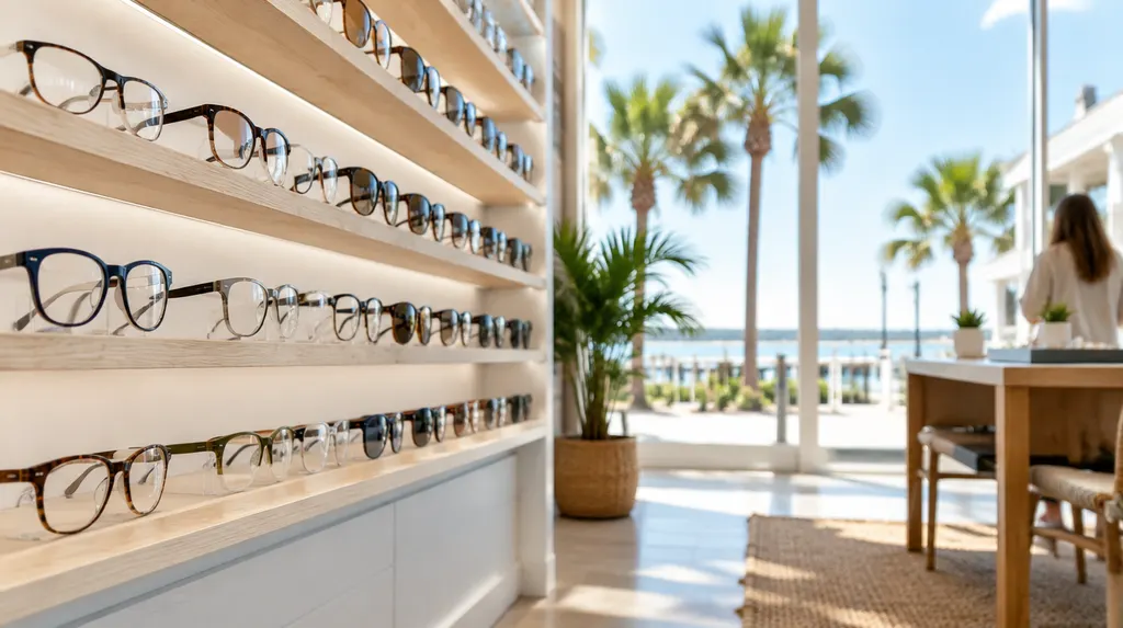 A wall of stylish eyeglass frames in an optical shop in Myrtle Beach, SC