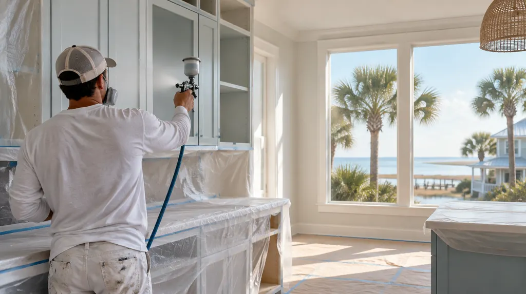 A painter spraying kitchen cabinets in a prepped room in Myrtle Beach, SC