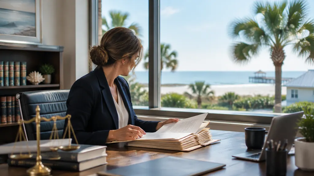 A lawyer reviewing a case file in a law office in Myrtle Beach, SC