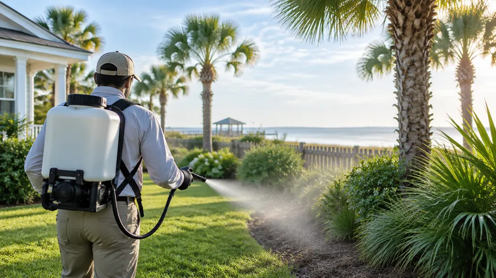 A technician treating a backyard for mosquitoes in Myrtle Beach, SC