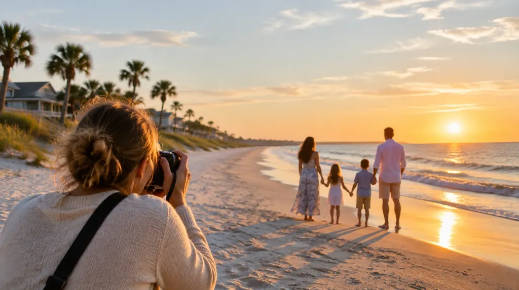 A photographer shooting a family on a beach at sunset in Myrtle Beach, SC