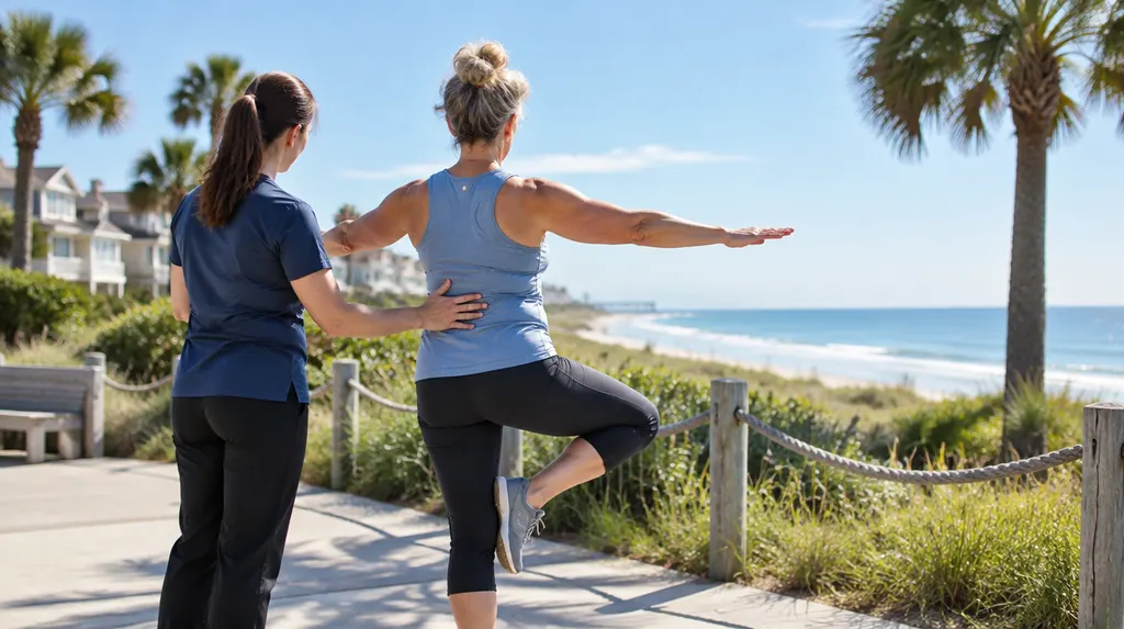 A therapist guiding a patient on a balance exercise in Myrtle Beach, SC
