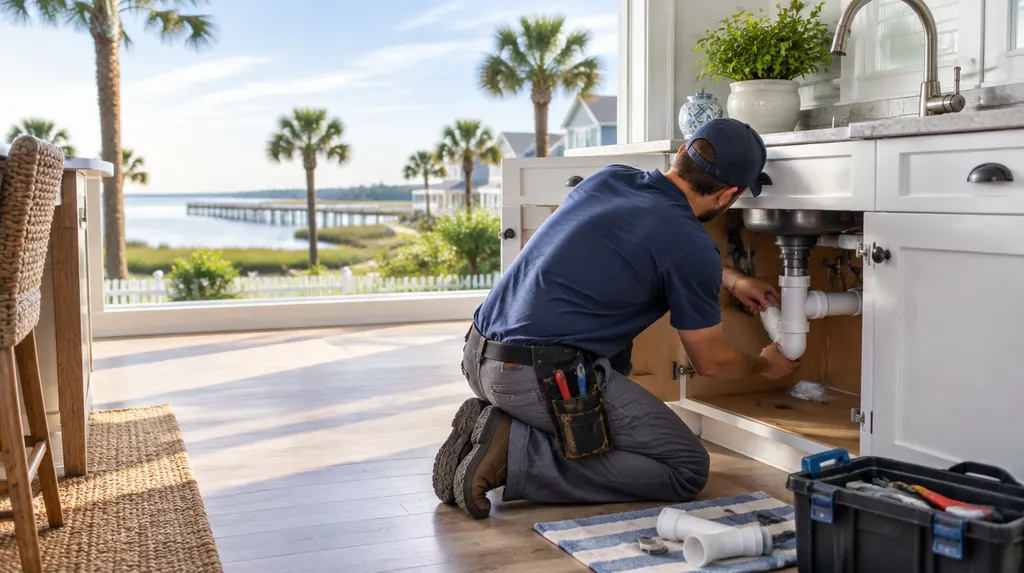 A plumber kneeling under a kitchen sink fitting a new pipe in Myrtle Beach, SC