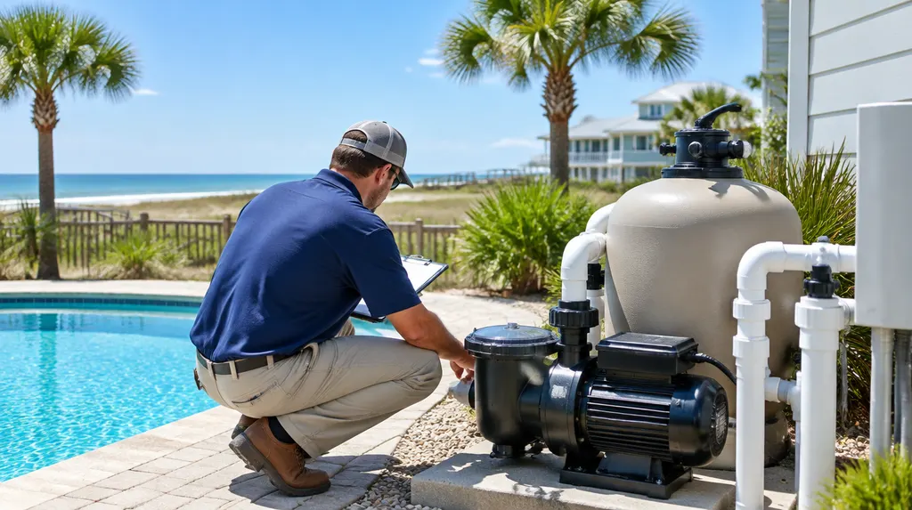A technician checking pool equipment and a pump in Myrtle Beach, SC