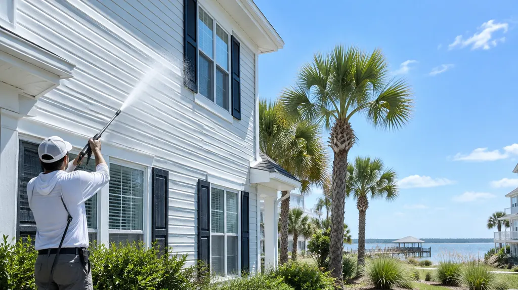 Soft washing the vinyl siding of a two-story house in Myrtle Beach, SC