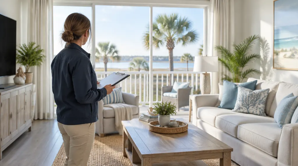 A property manager inspecting a rental living room in Myrtle Beach, SC