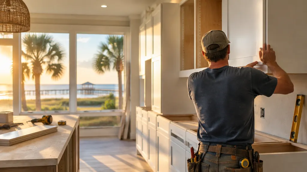 A remodeler installing new kitchen cabinets in Myrtle Beach, SC
