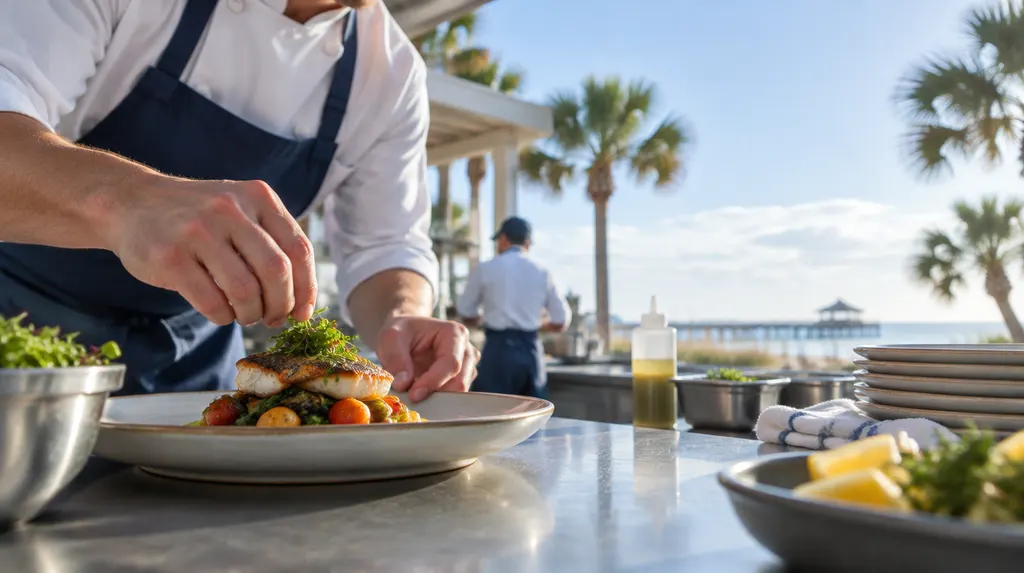 A chef plating a dish in a busy kitchen in Myrtle Beach, SC