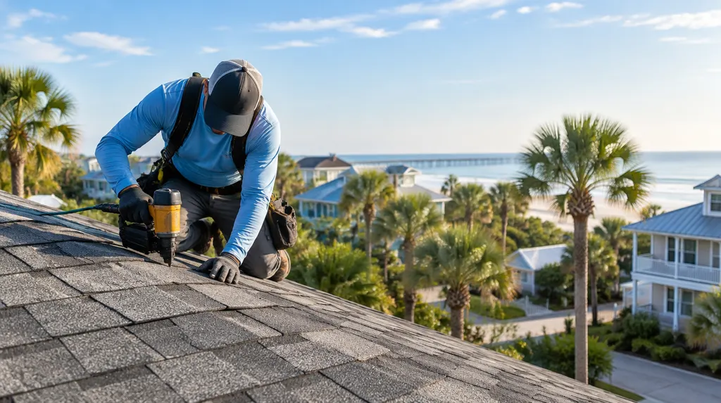A roofer nailing architectural shingles on a sunny roof in Myrtle Beach, SC