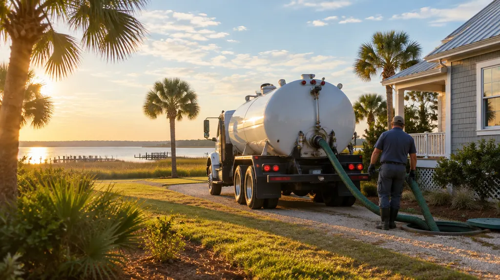 A septic pump truck parked beside a rural house in Myrtle Beach, SC