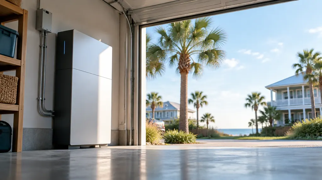A home battery unit installed in a garage in Myrtle Beach, SC