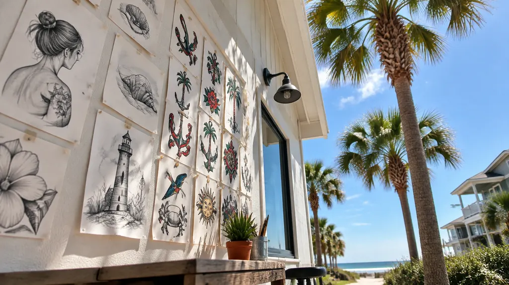 Sketches and flash art on a studio wall in Myrtle Beach, SC