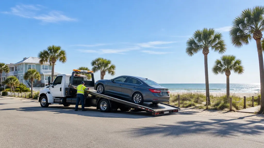 A flatbed tow truck loading a car at dusk in Myrtle Beach, SC