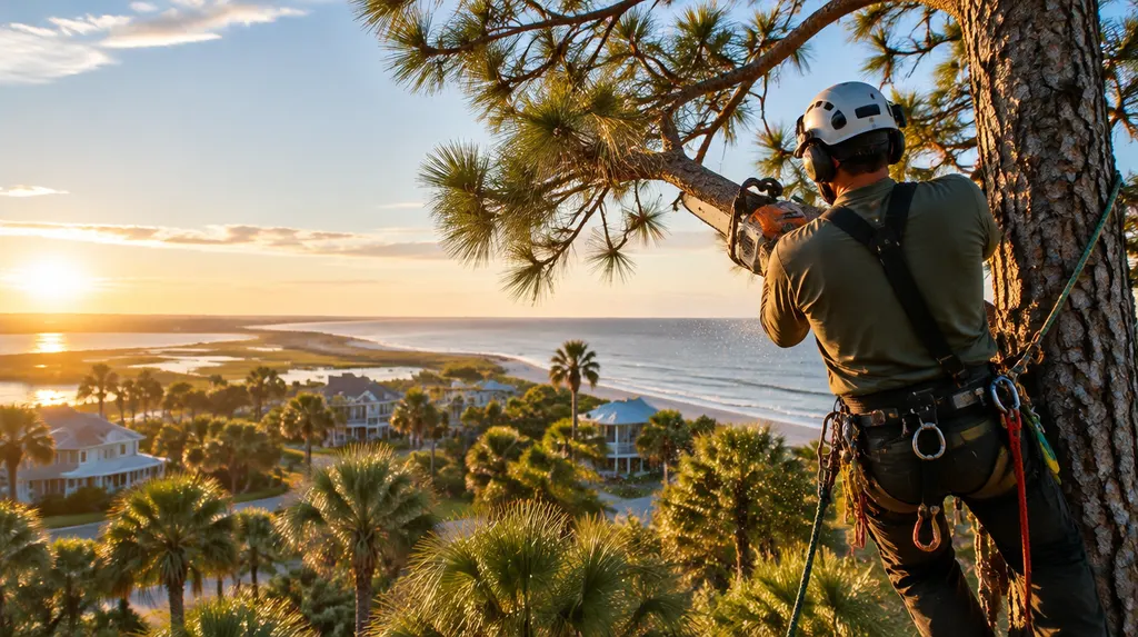 An arborist in a harness trimming a tall pine in Myrtle Beach, SC