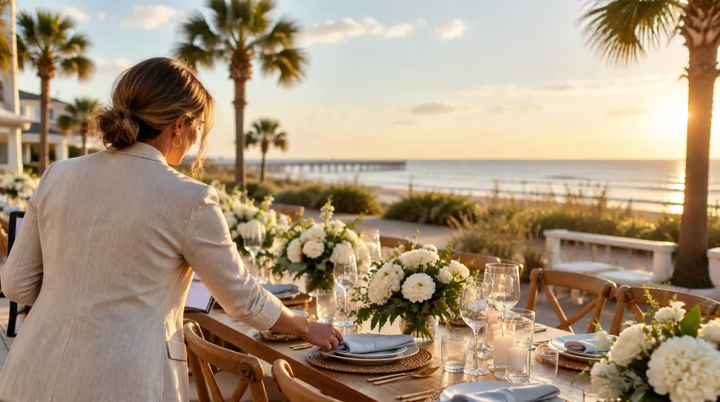 A wedding planner arranging a reception table in Myrtle Beach, SC