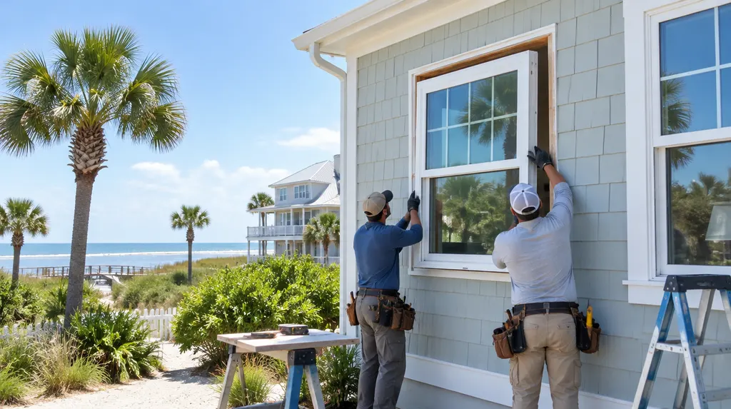 Installers fitting a new double-hung window in Myrtle Beach, SC