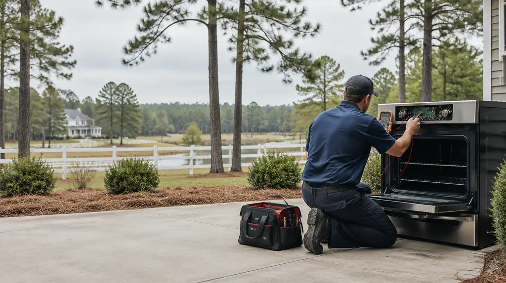 A repair tech testing an oven control panel in North Augusta, SC