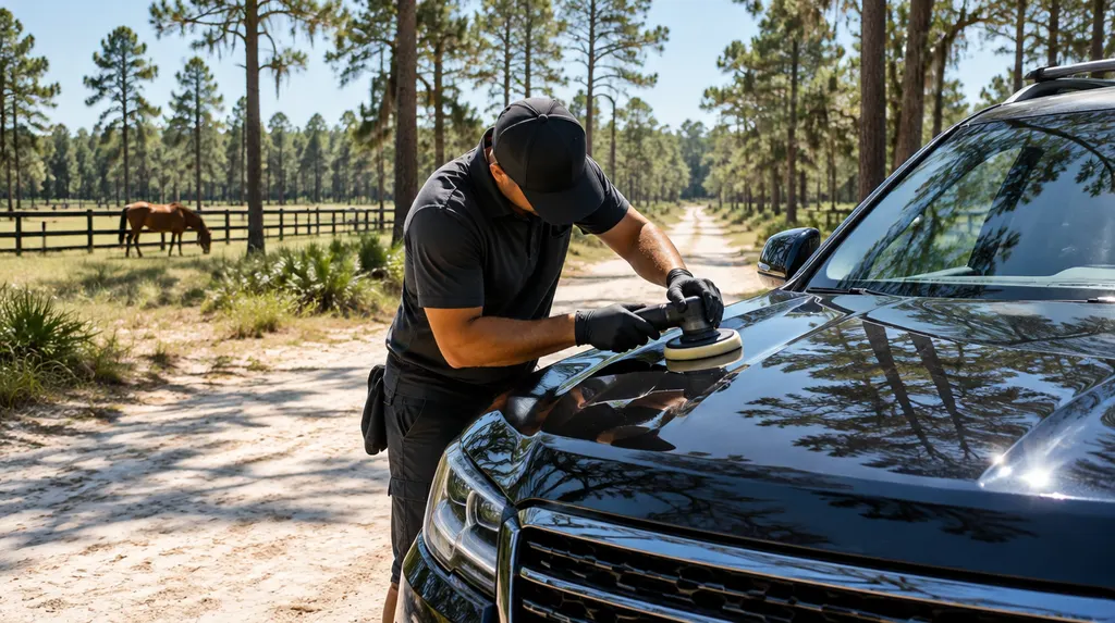 A detailer polishing the glossy hood of a dark SUV in North Augusta, SC
