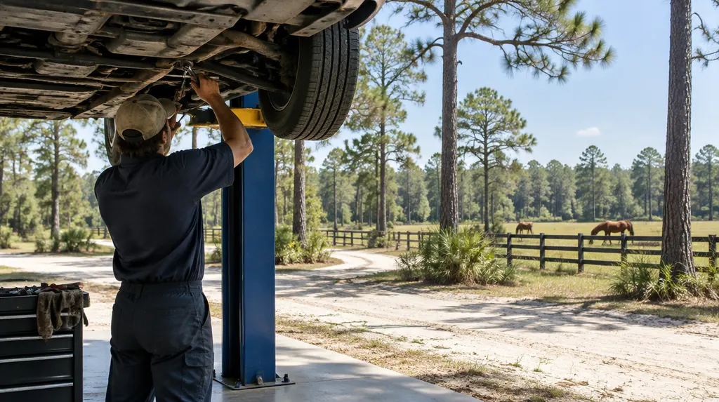 A mechanic working under a car on a lift in North Augusta, SC
